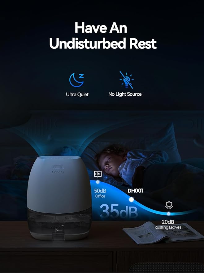 Dehumidifier, AlohaAir 34 OZ Small Dehumidifiers for Home and Room, Quiet with 7 Colors Night Light, Auto Shut Off, Dehumidifiers for Bedroom, Bathroom, RV, and Closet