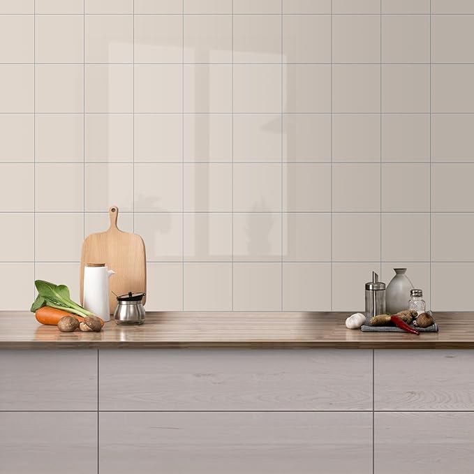 Peel and Stick Tiles for Kitchen Backsplash, New Upgrade Design 9" x9" SPC Square Marble Tiles, Glossy Beige Premium Mosaic Tiles(5-Sheet)