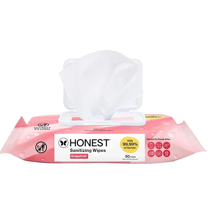 The Honest Company Grapefruit Grove Sanitizing Wipes, Kills 99.99% of Germs, Safe for All Hands, Antibacterial, Dermatologist Tested, 50 Count