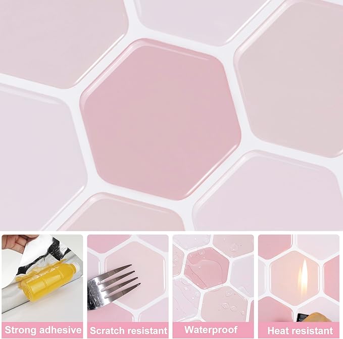 Hexagon Tiles Peel and Stick Backsplash for Kitchen, 10-Sheet Stick on Tiles Kitchen Backsplash, Pink 3D Peel and Stick Wall Tile（12''×12''）