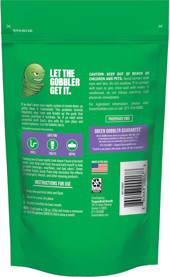 Green Gobbler Septic Tank Treatment Packets, 12 Month Supply - Powerful Natural Bacterial & Enzymes to Prevent Costly Septic Issues, Back-Ups, Foul Odor
