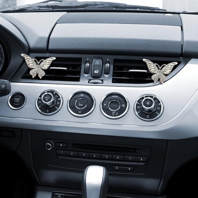 MiOYOOW 2PCS Butterfly Air Vent Clips, Mini Metal Car Air Fresheners, Rhinestone Car Interior Decorations, White, Pink, Blue, Natural Scent