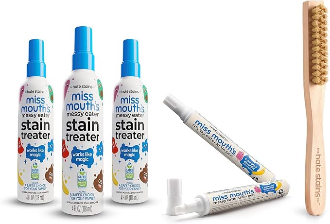 Miss Mouth's Stain Removal Kit - 3-Pack Messy Eater Spray 4oz, Portable Treater Pens & Laundry Brush - Travel Spot Cleaner for Clothes, 6-Piece Set