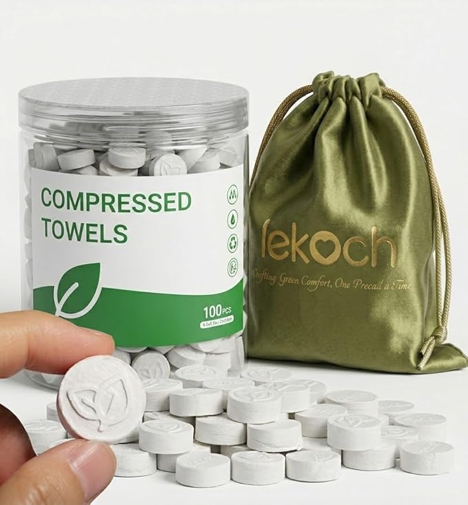 LEKOCH 100 Pcs Compressed Towel Tablets, Portable Coin Tissues for Travel & Camping, Cotton Disposable Washcloths, Biodegradable Facial & Body Wipes