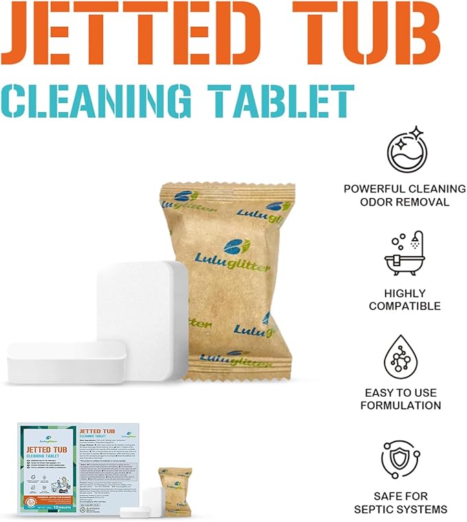 Jetted Tub Cleaner Bathtub Tabs 12 Cleaning Tablets Compatible with Whirlpool Spa Bath System Jets Whirl Tubs Removes Scale Residue 1 Year Supply