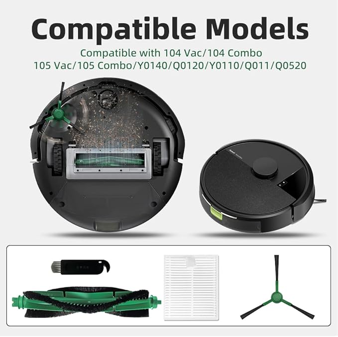 15 Pcs Replacement Parts Accessories Compatible with iRobot Roomba 104, 105 Vac/Combo, Y0140, Q0120, Y0110, Q0520, Q011 Robot Vacuum, 2 Roller Brush, 6 Hepa Filters, 6 Side Brushes, 1 Cleaning Brush