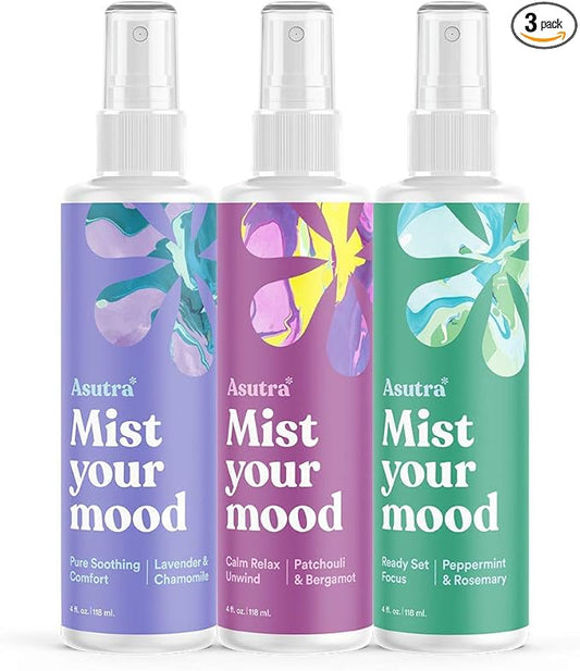 ASUTRA Multi-Use Essential Oil Aromatherapy Spray (3 Scent Variety Pack), 4 fl oz Each – Mist for Face, Body, Rooms & Linens – Car, Fabric, and Bathroom Freshener