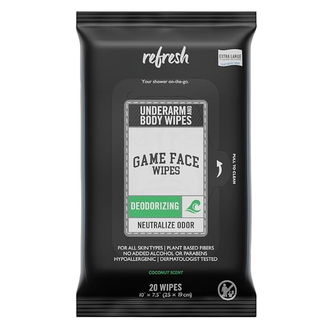 Game Face Deodorizing Body Wipes 25 Count Extra Large Size Compostable Cloth Naturally Formulated Hydrating, Refreshing, and Odor Neutralizing Wipes for Athletic, Sport, and On The Go Needs