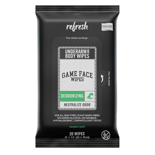 Game Face Deodorizing Body Wipes 25 Count Extra Large Size Compostable Cloth Naturally Formulated Hydrating, Refreshing, and Odor Neutralizing Wipes for Athletic, Sport, and On The Go Needs