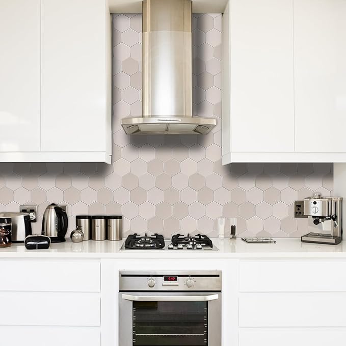 Thickened Hexagon Peel and Stick Tile Backsplash, New Upgrade Glossy and Matte Beige Waterproof Stick on Backsplash, Self-Adhesive Marble Tiles for Kitchen,Bathroom and Bedroom，10-Sheet.