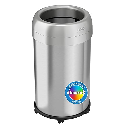 iTouchless 13 Gallon Open Top Kitchen Trash Can Recycling Bin with Wheels and Double Odor Filters, Round Commercial Stainless Steel 50 Liter Trashcan for Home Office Work Bedroom Livingroom Garage