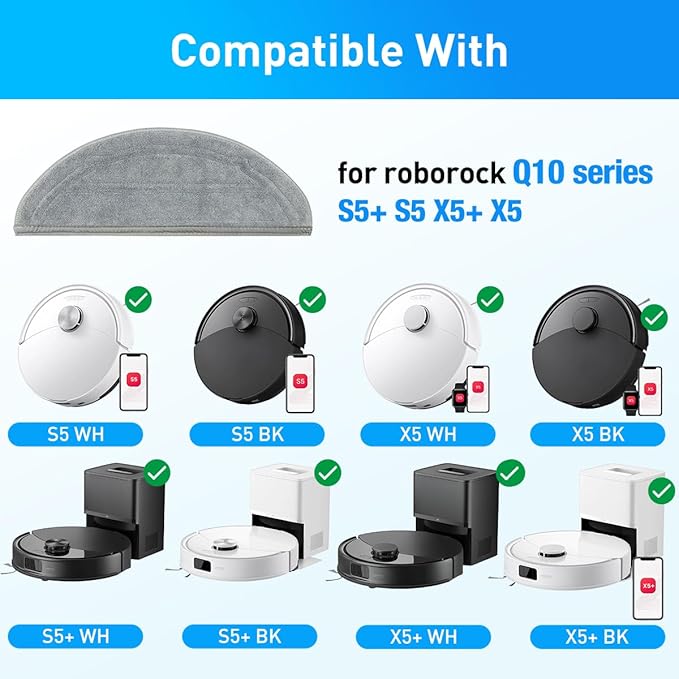 8 Pack Mop Pads Replacement Compatible with Roborock Q10 S5/Q10 S5+/Q10 X5/Q10 X5+ Robot Vacuum Cleaner