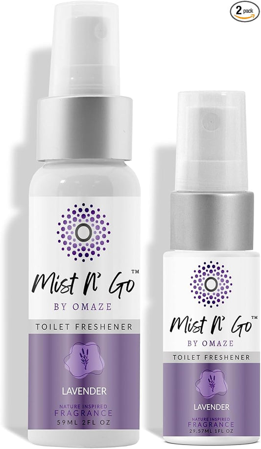 Mist N' Go by Omaze Travel Toilet Spray - Odor Eliminator & Air Freshener - Lavender Daily Pack (3oz x2)
