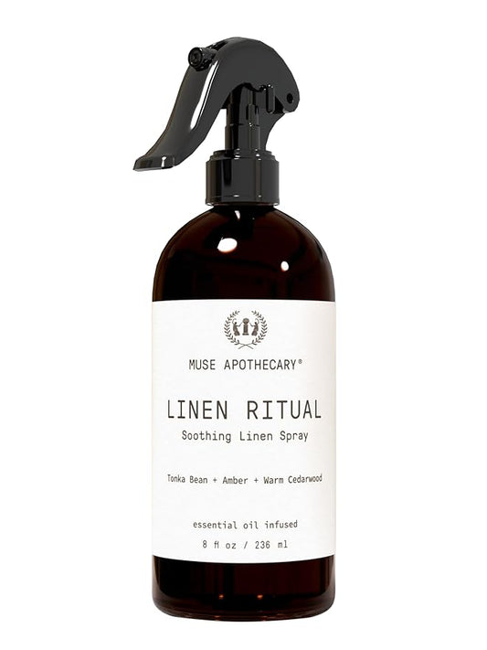Muse Apothecary Linen Ritual - Aromatic, Soothing, and Relaxing Linen Mist, Laundry and Fabric Spray - Infused with Aromatherapy Essential Oils - 8 oz, Tonka Bean + Amber + Warm Cedarwood