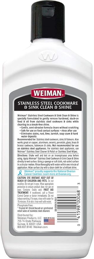 Weiman Stainless Steel Sink and Cookware Cleaner and Polish with Microfiber Cloth - 8 Ounce