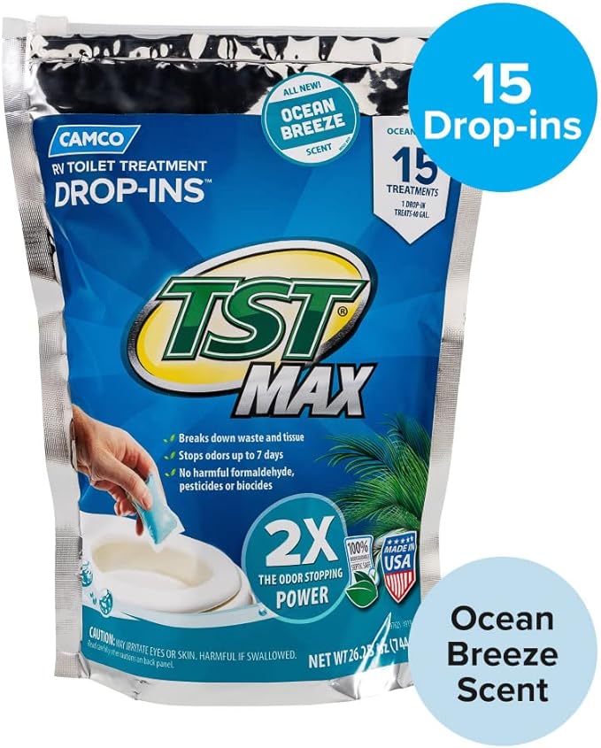 Camco TST MAX RV Toilet Treatment Drop-INs - Control Unwanted Odors and Break Down Waste and Tissue - Septic Tank Safe - Ocean Breeze Scent - 15-pack (41614)