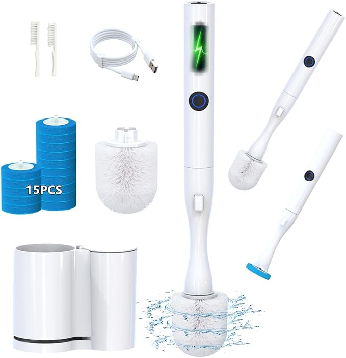 Electric Toilet Brush and Holder Set, Hillyfe Motorized Toilet Brush with 15 Disposable Refill Heads, Hard Nylon Brush 360 Degree Cleaning, Rechargeable
