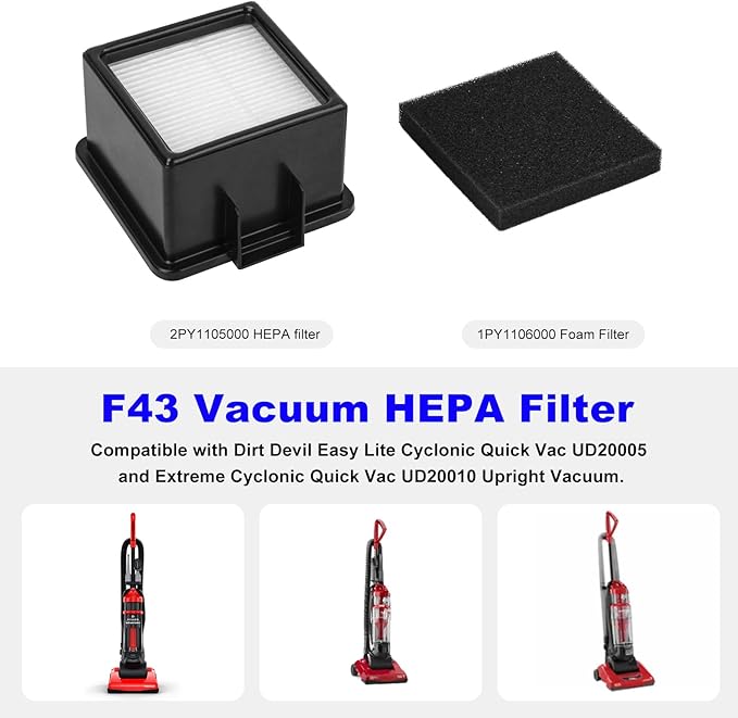 F43 Vacuum HEPA Filter Replacement Dirt Devil UD20005 UD20010 Easy Lite Cyclonic Quick Vac FOR Dirt Devil 2PY1105000 1PY1106000 HEPA Filter and Foam Filters - 2 Pack