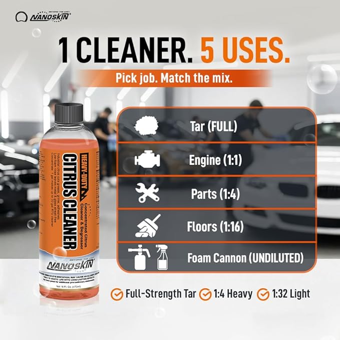 NANOSKIN Heavy-Duty Citrus Cleaner & Degreaser Concentrate 55 Gallon, Low-Foam Solvent, Dilutes up to 1:32, Cuts Grease Tar Adhesives, Safe on Metal Concrete Engines, For Auto Detailing, Shop & Home