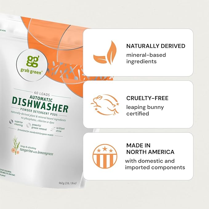 Grab Green Natural Dishwasher Detergent Pods, Free & Clear/Unscented, 60 Count, Fragrance Free, Organic Enzyme-Powered, Plant & Mineral-Based