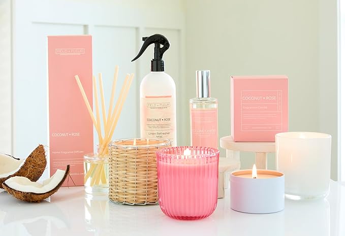 FIELD FLEUR Coconut Rose Linen & Room Spray 15.5 oz - Aromatic & Refreshing Bedding & Fabric Mist - Air Freshener for Clothes & Sofas – Notes of Coconut, Vanilla, Jasmine & Citrus - Made in USA
