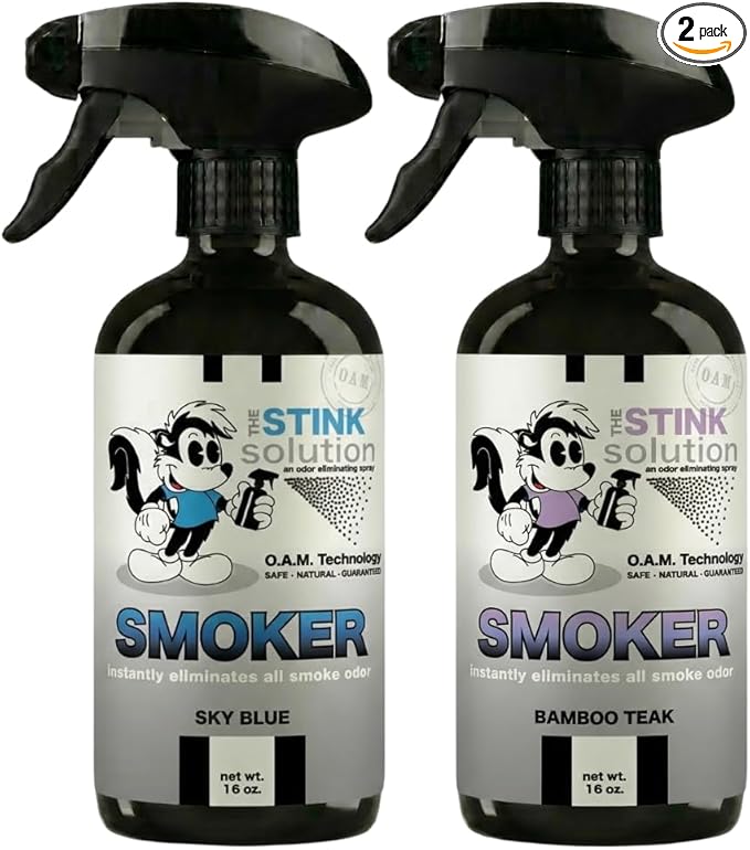 The Stink Solution Smoke Odor Eliminator Spray for Home, Car, Clothes, Hands, Hair, Wall & More Completely Neutralizes All Types of Smoke Odor Best Smoke Smell Remover Bamboo Teak 16oz & Sky Blue 16oz