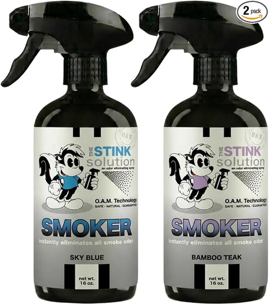 The Stink Solution Smoke Odor Eliminator Spray for Home, Car, Clothes, Hands, Hair, Wall & More Completely Neutralizes All Types of Smoke Odor Best Smoke Smell Remover Bamboo Teak 16oz & Sky Blue 16oz