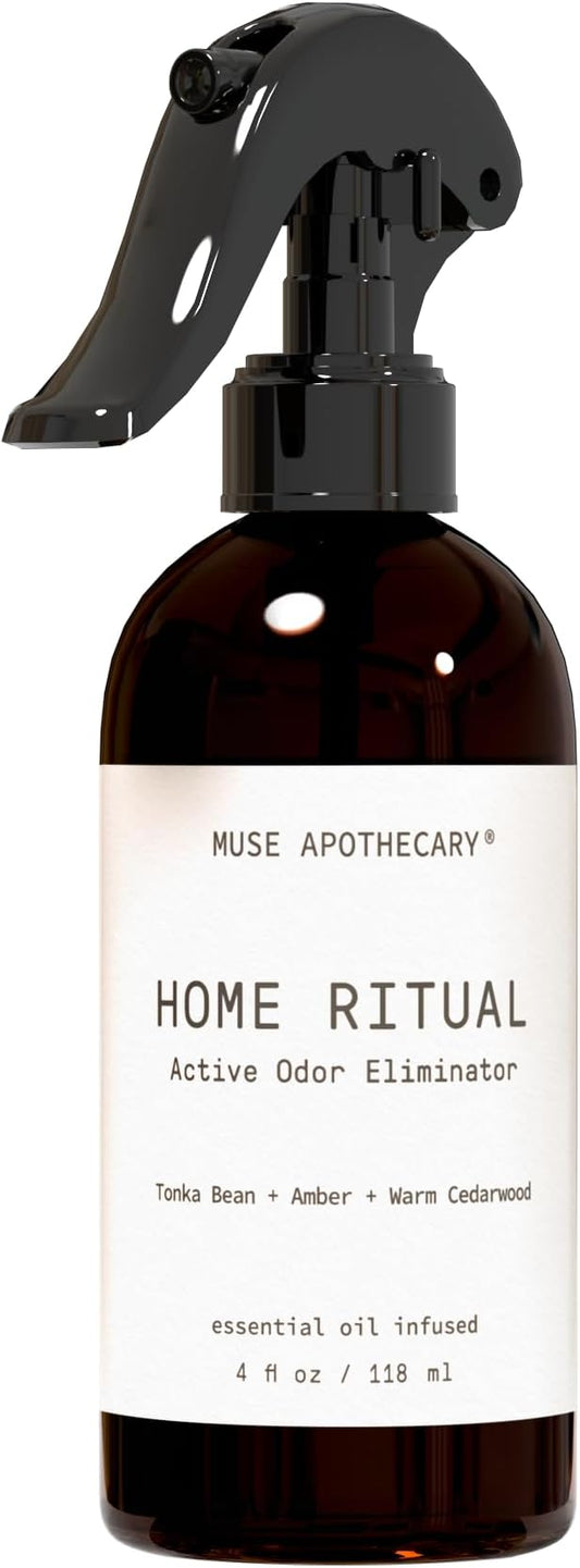 Muse Apothecary Home Ritual Active Odor Eliminator Spray - Furniture Deodorizer Spray & Bathroom Odor Eliminator for Home - Essential Oil Air Freshener - 4oz, Tonka Bean + Amber + Warm Cedarwood