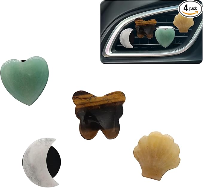Boho Car Decor,4pcs Natural Stone Car Air Fresehenr Vent Clips,Moon Seashell Heart Butterfly Crystal Dashboads Accessories for Women,Best Wishes for Lover Friends