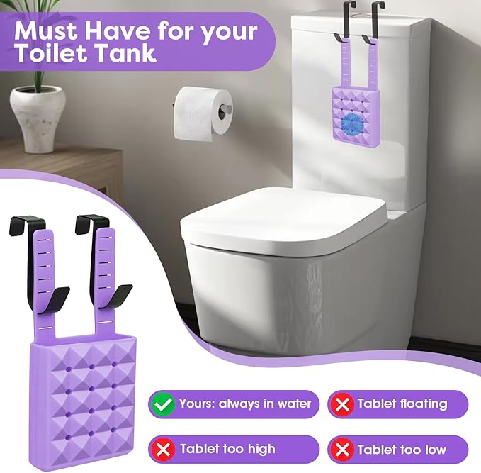 Adjustable Toilet Tank Tablet Holder-Hanging Silicone Basket Carrier with Rustproof Hooks for Bowl Cleaner & Bleach Tablet Hanger Pouch Organizer, Accessory Fit Up to 7" Water Level