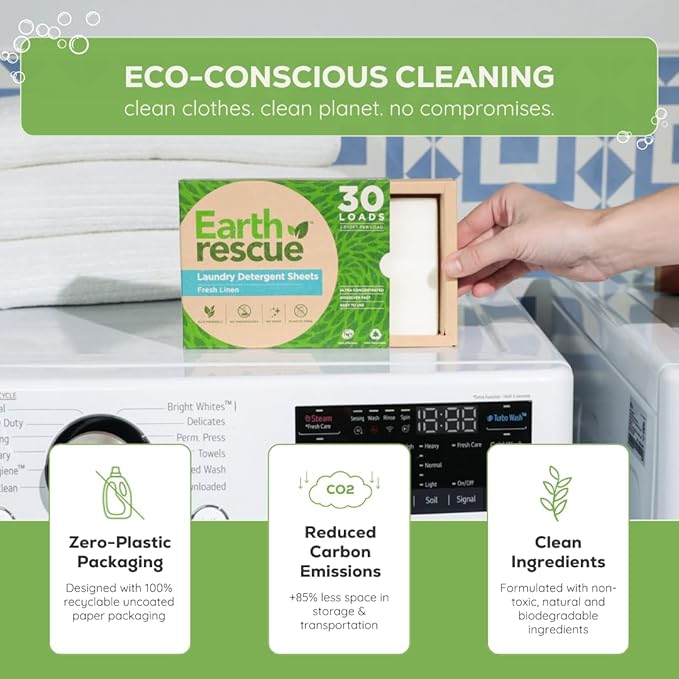Earth Rescue Laundry Detergent Sheets - Up To 120 Loads (60 Sheets) - Ultra Concentrated Liquidless Dry Laundry Detergent, Ideal For Sensitive Skin, Eco Friendly, Plastic Free - Fresh Linen