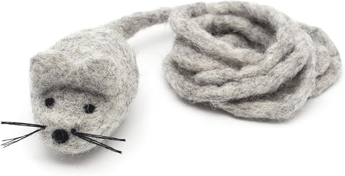 Glaciart One Felt Mouse Cat Toy – Soft Fuzzy Enrichment 100% Natural Wool - Interactive Catnip Play Cat Toy Set - Safe for Pets, Non-AZO Colored Dyes - 42” Long