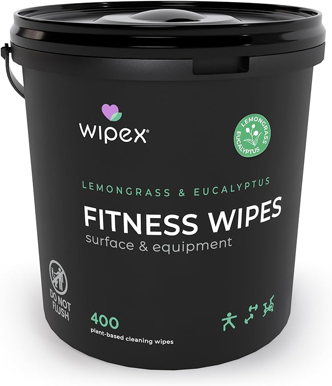 Wipex Yoga Mat Cleaner Wipes, EWG Verified, 400 Ct Plant-Based Lemongrass, Eucalyptus & Vinegar Wipes for Gym & Fitness Equipment & All Purpose Gym Cleaning - Safe for Peloton Bikes & Treadmills