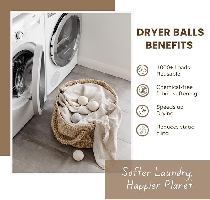 Laundry Felt Wool Dryer Balls – 6 XL Pack, Replaces Dryer Sheets, Eco-Friendly, Natural Fabric Softener, Reusable & Chemical-Free, Reduces Drying Time, 1000+ Loads, Made in Nepal