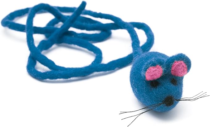 Glaciart One Felt Mouse Cat Toy – Soft Fuzzy Enrichment 100% Natural Wool - Interactive Catnip Play Cat Toy Set - Safe for Pets, Non-AZO Colored Dyes - 42” Long