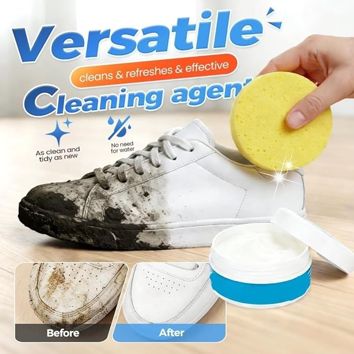 White Shoe Cleaner Cream,No Rinse Quick Brightening Paste with Sponge for Leather Sneakers Soles Removes Dirt