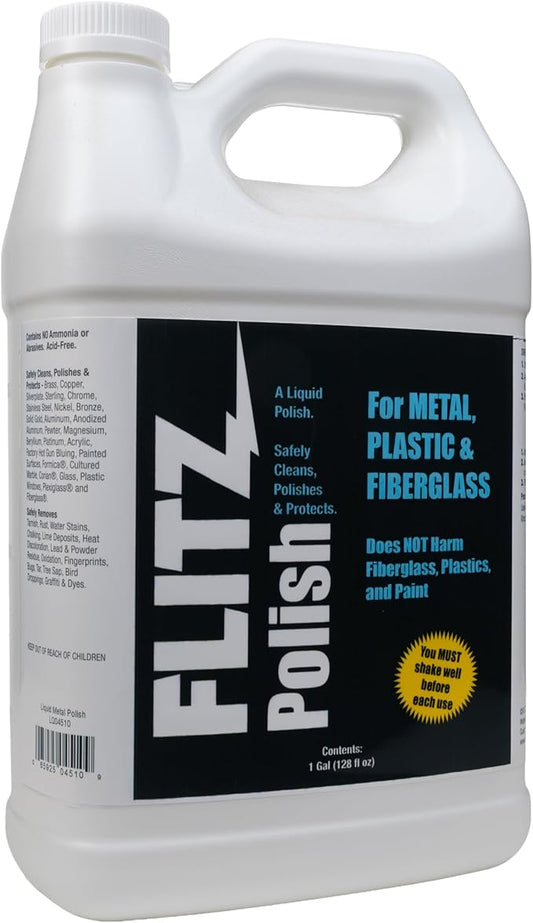 FLITZ Multi Purpose Metal Polish Liquid - 1 Gallon USA-Made Tarnish Remover - For Aluminum, Chrome, Brass, Nickel, Silver - Non-Abrasive Cleaner & Restorer - Not for Patina or Electroplated Finishes