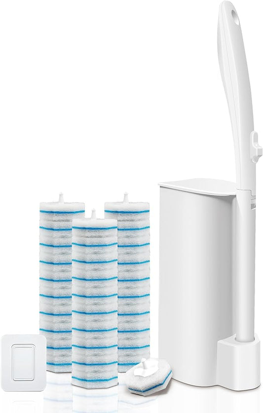 Disposable Toilet Brush and Holder Set with 30 Refills, Wall-Mounted Toilet Brush, Toilet Cleaning System-1 Toilet Bowl Wand, 1 Caddy&30 Prefilled Cleaning Solution Refills for Deep Scrub Toilet.
