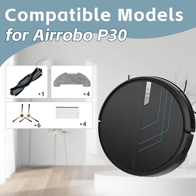 16 Pcs Replacement Part Kit for Airrobo P30 Vacuum Cleaner, 1 Main Brush, 4 Filters, 4 Mop Pads, 6 Side Brushes Accessories Attachments