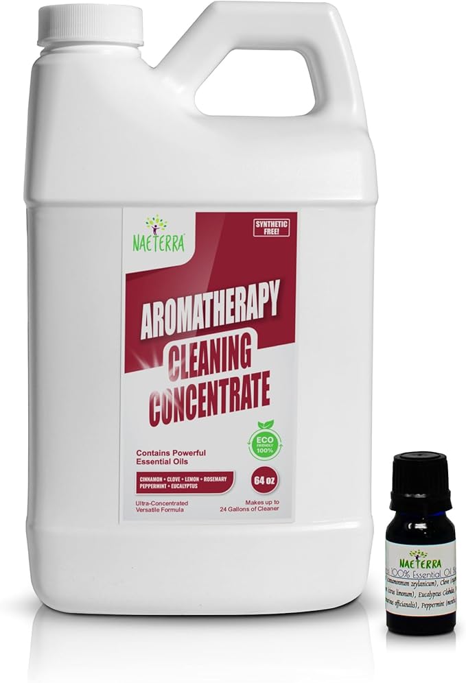 Naeterra Aromatherapy Cleaning Concentrate 64 oz & 10ml Essential Oil - Natural All Purpose Multi Surface Cleaner for Floors, Glass & Granite - Plant Based Pet Safe & Non Toxic - Makes 24 Gallons