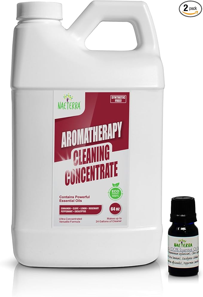 Naeterra Aromatherapy Cleaning Concentrate 64 oz – Makes 24 Gallons Multi-Surface Cleaner + Microfiber Towel & 10ML Essential Oil Blend with Clove, Cinnamon, Rosemary, Eucalyptus, Lemon & Peppermint