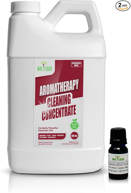 Naeterra Aromatherapy Cleaning Concentrate 64 oz – Makes 24 Gallons Multi-Surface Cleaner + Microfiber Towel & 10ML Essential Oil Blend with Clove, Cinnamon, Rosemary, Eucalyptus, Lemon & Peppermint