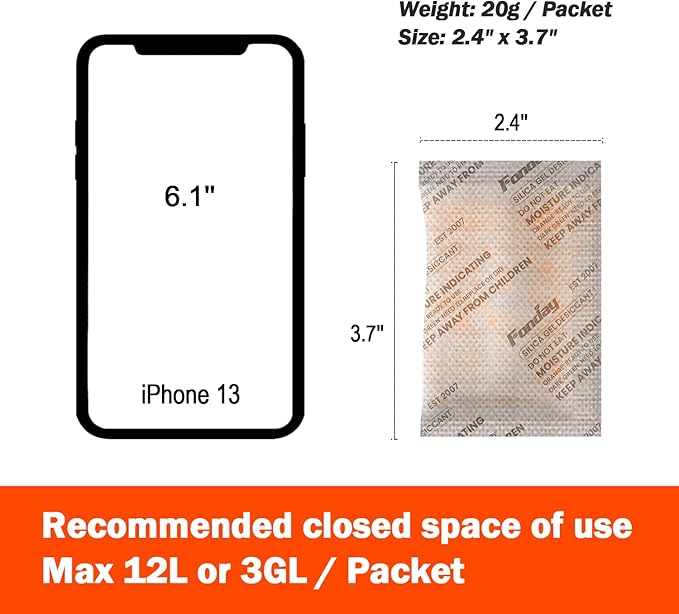 20g x 100 Packs Fonday Rechargeable Silica Gel Desiccant Packets Fast Reactivate Desiccant Bags Moisture Indicating Orange to Green for Food Storage, Electronics, 3D Filament & Safes