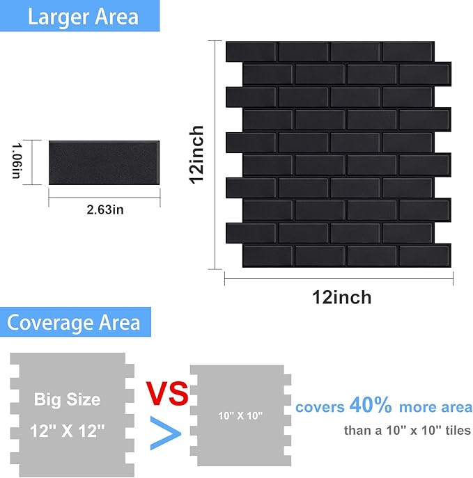 Matte Black Peel and Stick Subway Tiles for Kitchen, Thicker Design Stick on Tlies for Living Room, Large 10-Sheet Self-Adhesive Kitchen Backsplash (12''×12'')