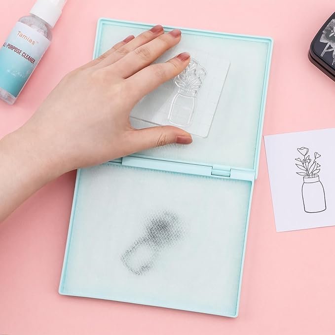 Briartw Stamp Cleaning Kit:Blue Stamp Scrubber & All-Purpose Stamp Cleaner Spray | Dual-Sided Cleaning Pad for Rubber, Clear, Cling & Foam Stamps | Complete Care for Water-Based & Permanent Inks