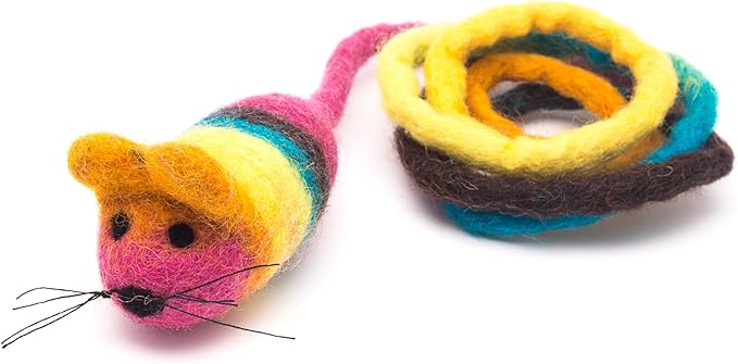 Glaciart One Felt Mouse Cat Toy – Soft Fuzzy Enrichment 100% Natural Wool - Interactive Catnip Play Cat Toy Set - Safe for Pets, Non-AZO Colored Dyes - 42” Long
