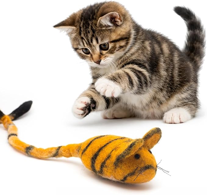 Glaciart One Felt Mouse Cat Toy – Soft Fuzzy Enrichment 100% Natural Wool - Interactive Catnip Play Cat Toy Set - Safe for Pets, Non-AZO Colored Dyes - 100” Long