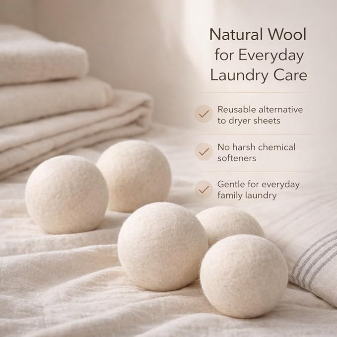 Wool Dryer Balls 6 Pack, 2.6 Inch, 100% New Zealand Wool, Reusable Natural Fabric Softener for Everyday Laundry, Helps Reduce Drying Time, Wrinkles and Static Cling