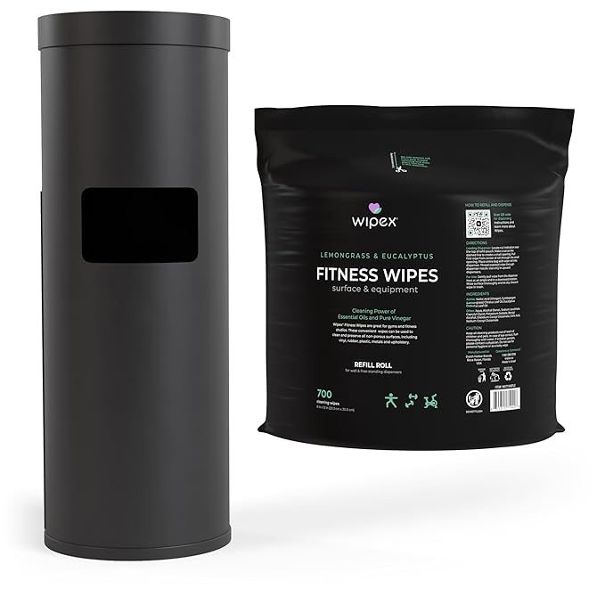 Wipex Wipe Dispenser Refill Bundle - 700 Count Gym Wipes for Equipment, Lemongrass & Eucalyptus Scent with Black Stainless Steel Floor Dispenser & Trashcan, Perfect for Fitness Centers & Facilities