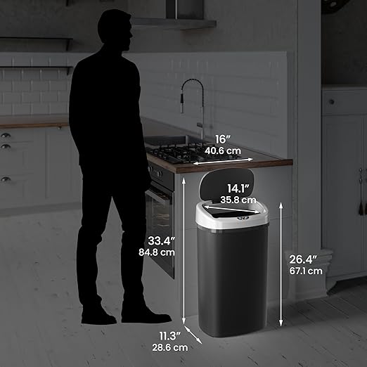 iTouchless 13 Gallon Sensor Kitchen Trash Can with Lid and Odor Filter, Durable Dent-Proof Automatic Waste Basket Garbage Bin Great for Home, Office, Business, Slim Space-Saving, Oval, Black Plastic